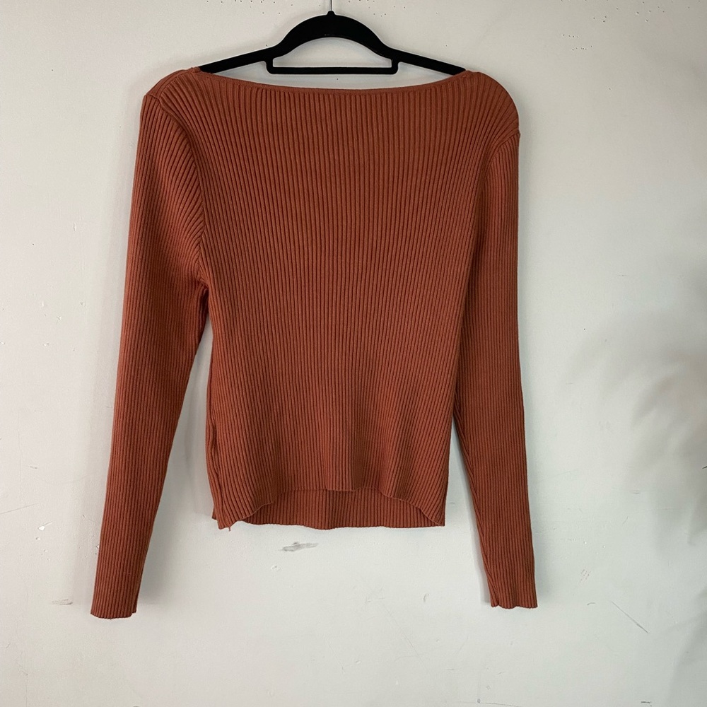 SHEIN Curve 1XL Rust Brown Ribbed Knit Cutout Twist Front Sweater Top - Picture 3 of 4